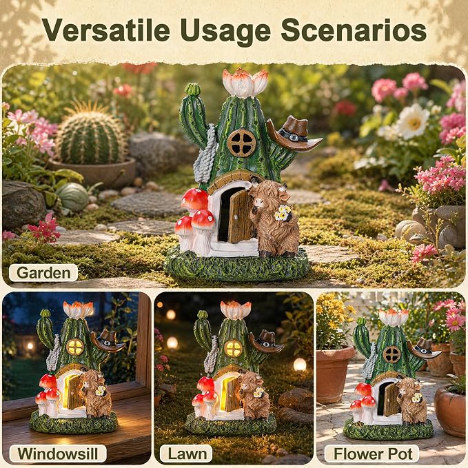 Fairy House Outdoor Figurine Lights, Highland Cow Garden Statue and Solar Cactus Mushroom House for Yard Patio Lawn Decor, Fairy Houses for Outside, Unique Garden Gifts for Women Mom