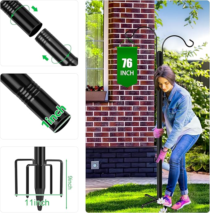 XDW-GIFTS Double Shepherds Hooks for Outdoor, 2-Pack Heavy Duty Garden Pole for Hanging Bird Feeder, Plant Baskets, Solar Light Lanterns, Garden Plant Hanger Stands with 5 Base Prongs