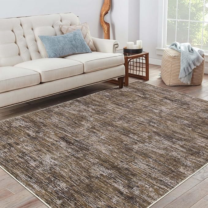 Garvee Washable Living Room Rug 8x10 Modern Solid Color Area Rugs, Brown | Non Slip Stain Resistant Non Shedding Neutral Low Pile Large Foldable Soft Rug for Nursery Dining Room Bedroom