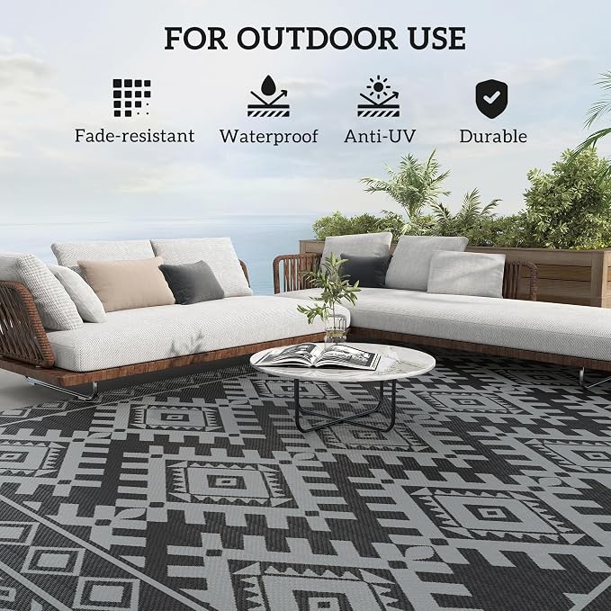 Outsunny Outdoor Rug for Patio, 9' x 18' Waterproof Large Mat, Reversible Plastic Straw Rug for Decor, Portable Outside RV Camping Area Carpet Mat for Backyard Porch Deck Picnic, Black & Gray Rhombus
