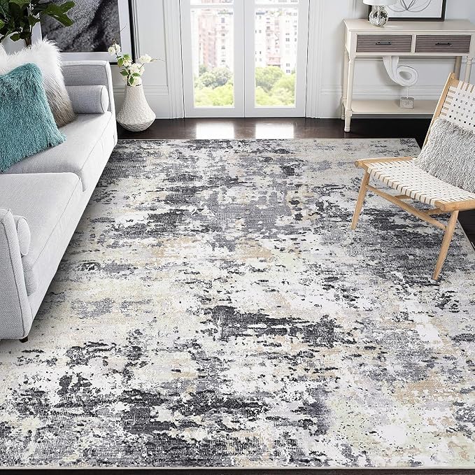ROYHOME Modern Abstract Area Rug 5x7 Non Slip, Black Yellow | Non Shedding Rug Low Pile Stain Resistant for Bedroom Living Room