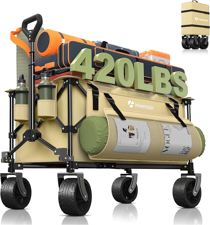 Hikemoon 150L Collapsible Wagons Carts Foldable, 360LBS Heavy Duty Folding Beach Cart with Big All-Terrain Wheels, Portable Utility Wagon for Grocery, Shopping, Garden, Sports, Khaki