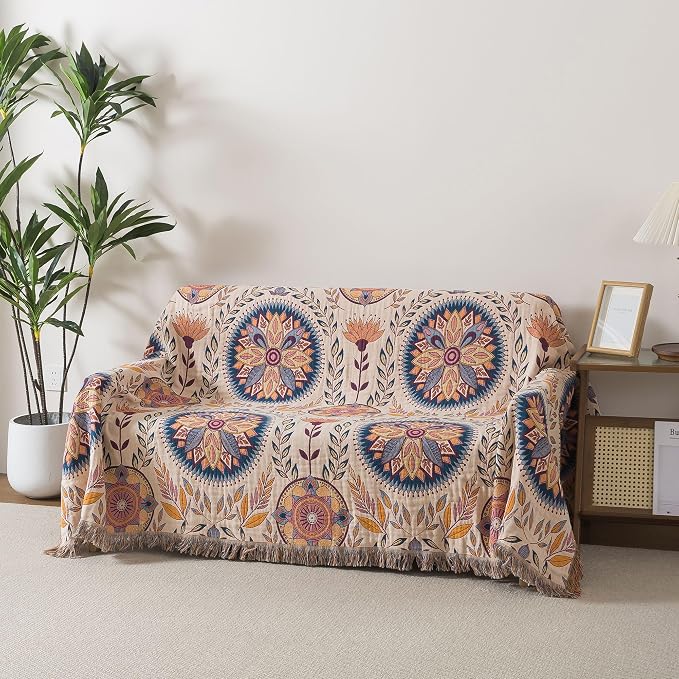 Phuryllic Boho Throw Blanket Twin Size, Soft Cozy Cotton Muslin Quilt Blanket for Bed Decor, Floral Patterned Couch Sofa Chair Cover, Vintage Farmhouse Cottage Tapestry Woven Blanket, Beige&Blue