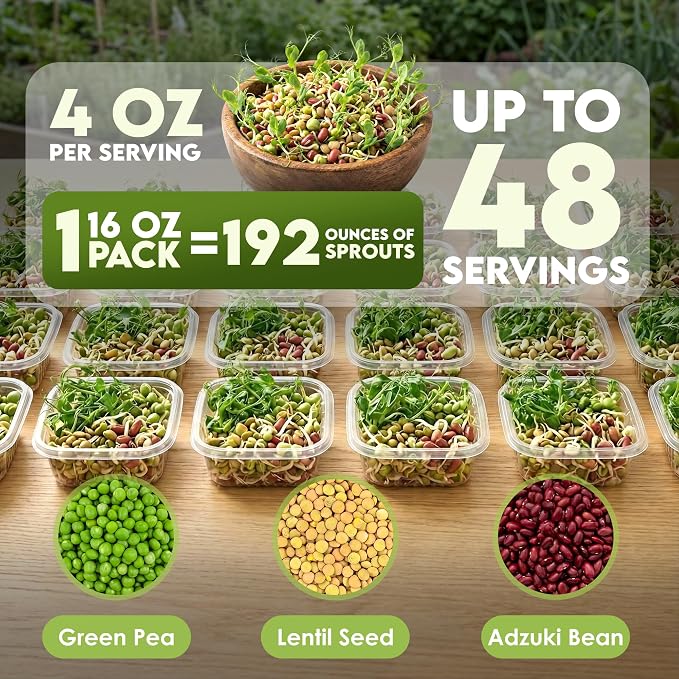 Nature Jim's Sprouts 3-Bean Seed Mix - Organic Green Peas, Lentils & Adzuki Beans for Planting - Non-GMO Microgreen Sprout Seeds, Fast Sprouting, High in Fiber, Protein, Nutrients & Vitamins - 16 Oz