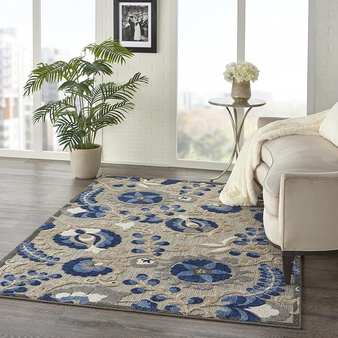 Nourison Home Aloha Natural Blue 5'3" x 7'5" Area Rug - Easy Clean, Non Shedding, Bed Room, Living Room, Dining Room, Kitchen (5' x 8')
