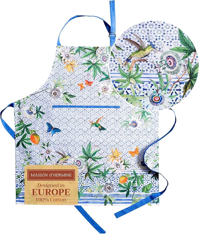 Maison d' Hermine Aprons for women with Pocket 100% Cotton (27.50"x31.50") | Adjustable Neck Strap & long ties Apron Men Chef Wedding Cooking Gardening Server Maid
