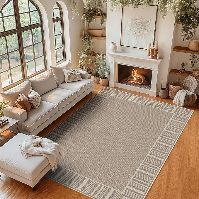 COZYLOOM Indoor Outdoor Rugs 8x10 Easy Jute Washable Area Rug, Beige Brown | Modern Non Slip Neutral Border Non Shedding Stain Resistant Foldable Rug for Living Room Dining Room Bedroom Patio Backyard
