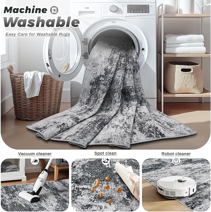 pmtsns Area Rugs 10x14 Living Room: Washable Rug Modern Abstract Neutral Soft Non-Slip Low-Pile Indoor Large Carpet for Bedroom Dining Room Playroom Home Office (Black Grey, 10'x14')