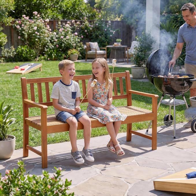 Flamaker Outdoor Bench with Pull-Up Table, Acacia Wood 2-Person Loveseats | Solid Wood Weather-Resistant Patio Seating with Convertible Center Table for Garden, Backyard, Porch, Poolside, Log Brown