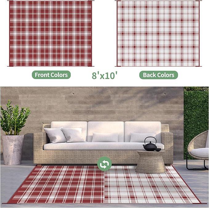 GENIMO Waterproof Outdoor Rug for Patio Clearance, 9'x12' Reversible Plastic Straw Rugs, Lightweight RV Camping Mat for Camper, Balcony, Deck, Backyard, Picnic, Red White Plaid