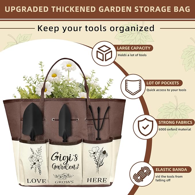 Gigi Gifts, Garden Kit Gifts for Gigi Mothers Day from Grandkids Gardening Tools and Durable Garden Tools Organizer Tote, Ideal Gardening Set for Women on Plant Lover Birthday Present Brown