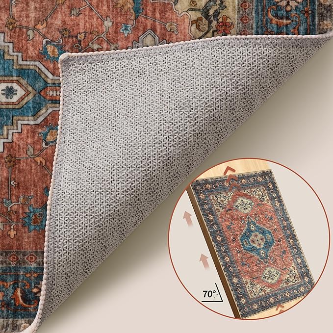 Tangsoo Vintage 2x5 Washable Runner Rug for Hallways, Non Slip Runner Rug | Soft Low Pile 2x5 Rug Runner, Print Distressed Carpet Runners for Entryway Bedroom Kitchen Bathroom Living Room Terracotta