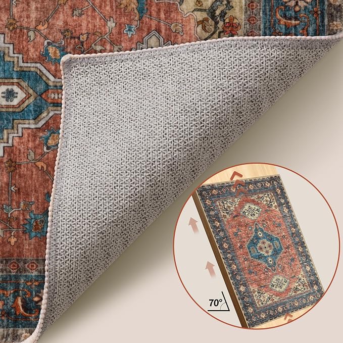 Tangsoo Oriental 3x5 Washable Area Rugs, Vintage Non Slip Accent Rug | Boho Indoor Print Distressed Carpet, Soft Low Pile Rug for Living Room Dining Bedroom Bedside Entryway Terracotta Blue