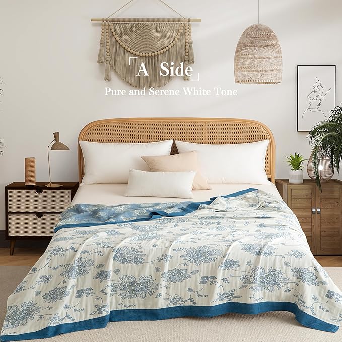 Phuryllic Boho Throw Blanket Full Size, Extra Large Soft Cozy Cotton Muslin Quilt Blanket for Bed Decor, Floral Patterned Couch Sofa Chair Cover, Vintage Farmhouse Cottage Woven Blanket, Blue&White