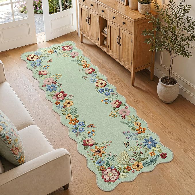 FMFUNCTEX 2x6 Hallway Runner Rug Washable Mint Green Scalloped Floral Boho | Vintage Non Slip Flower Colorful Traditional Low Pile Pattern Indoor Carpet Entryway Rugs Kitchen Bedroom Laundry Bedside