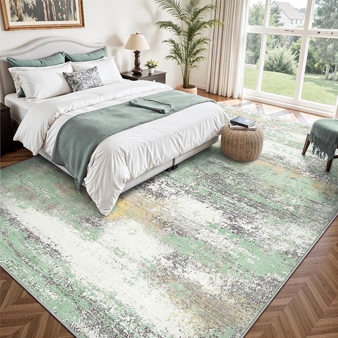 8x10 Area Rugs, Abstract Modern Ultra Soft Washable Rug, Non Slip Carpet with Rubber Back Stain Resistance Rugs for Living Room, Bedroom, Dining Room Decor(Light Green/Cream)