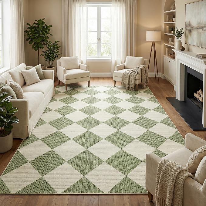 GarveeHome 4x6 Modern Checkered Area Rug Sage Green Washable Bedroom Rug | Soft Low Pile Non Slip Diamond Floor Mat Plaid Print Throw Rug Indoor Carpet for Nursery Room Dining Room Playroom