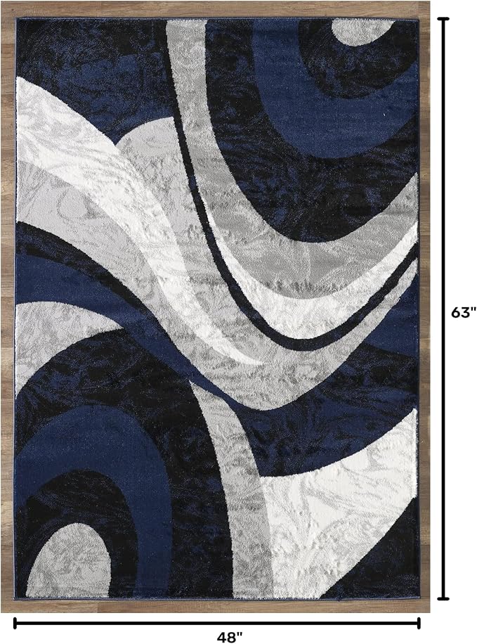 Yafa Home Fashion Modern Contemporary Swirls Design Area Rug, Luxurious, Elegant, and Fashionable Area Rug (Navy, 4 ft X 5 ft)