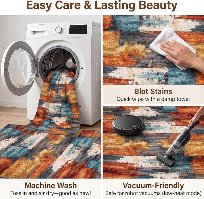 4Ft Burnt Orange and Teal Abstract Brushstroke Area Rug | Soft Low-Pile Machine-Washable Rug with Non-Slip Backing for Dining Rooms, Entryways and Reading Areas for Easy Everyday Care