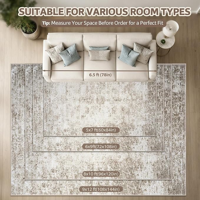 9x12 Washable Area Rug Modern Abstract for Living Room Bedroom Beige | Soft Indoor Carpet,Anti-skid Backing,Water Repellent,Non-shedding, Suitable for bedroom dining farmhouse nursery home office