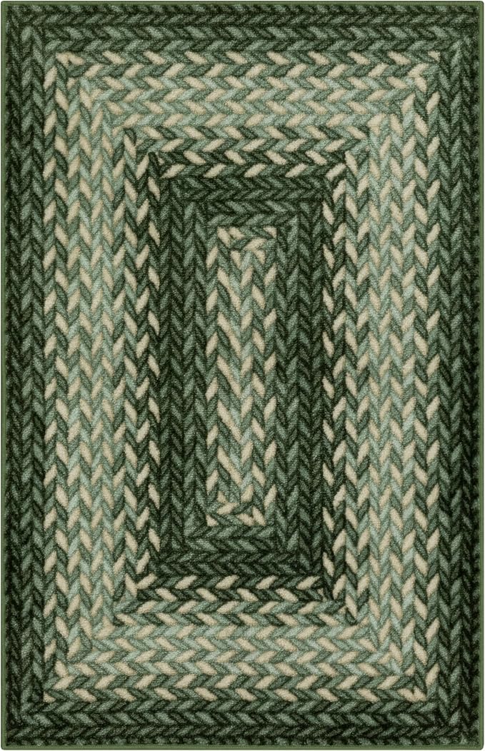 Maples Rugs Marion Bohemian Braided-Style Print Area Rug – Made in USA – Washable, Non-Slip Low-Profile Small Indoor Rug for Entryway & Kitchen, 46" x 30", Green