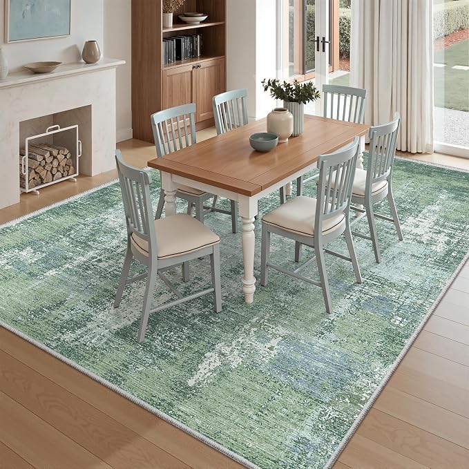 Valenrug 6x9 Area Rugs, Abstract Washable Rugs for Living Room, Sage Green | Soft Thin & Lighweight, Folable, Stain Resistant Low Pile Non Slip Modern Distressed Carpet Rugs for Bedroom, Dining Room