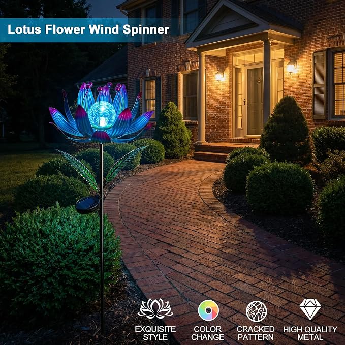 38 Inch Solar Wind Spinner Outdoor, Kinetic Lotus Yard Art with Glass Light | Glowing Crackle Glass Light And 360° Spinning Lotus Petals Create Vibrant Garden Decor For Patios, Lawns And Pathways