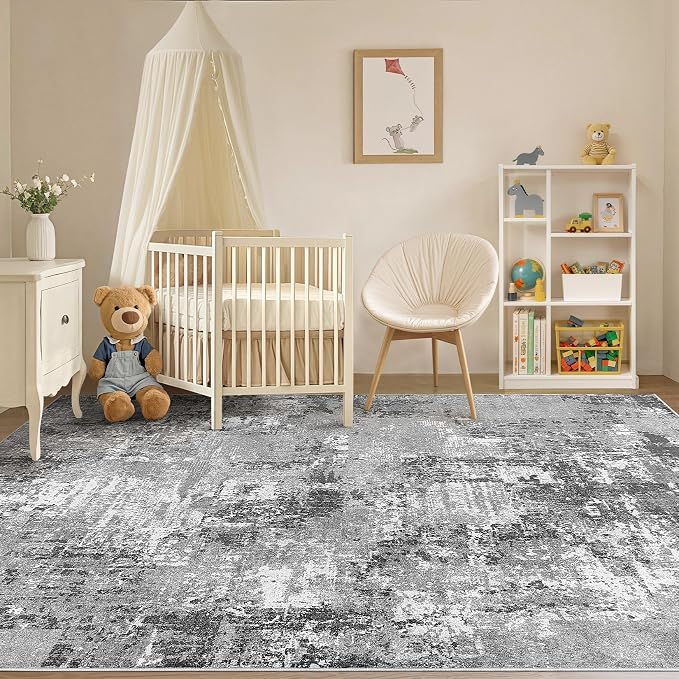 Tortania Washable 9x12 Area Rug for Living Room: Modern Abstract Neutral Large Soft Thin Rugs - Non Slip Indoor Carpet for Bedroom Dining Room Office Nursery Home Floor Decoration - Grey