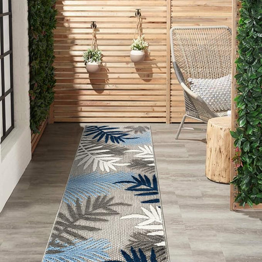 Rugshop Evora Palm Frond Non-Shedding Patio Deck Backyard Hallway Indoor/Outdoor Runner Rug 2' x 7' Blue