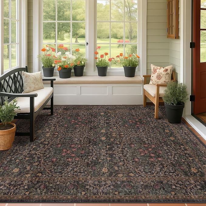 Dark Brown Washable 5x7 Area Rugs for Living Room, Entryway, Non-Slip Soft Rugs for Bedroom, Dining Room, Home Office, Black Brown Floral Vintage Cottage Indoor Carpet Décor, Low Pile Stain Resistant