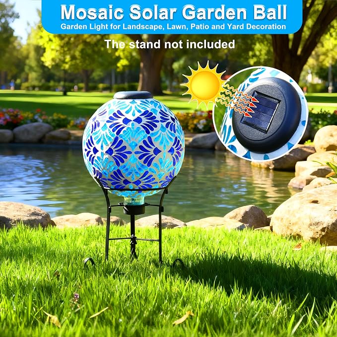 SAVENNA Mosaic Solar Gazing Ball 10 Inch, Glass Garden Globe with Auto On/Off for Yard, Lawn & Outdoor Decor, Blue Mosaic