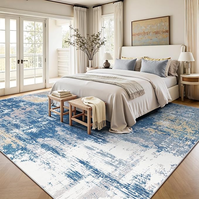 8x10 Rugs for Living Room - Modern Abstract Washable Rug, Ultra Soft Non Slip Low Pile Large Rugs, Floor Carpet for Bedroom Dining Room Office Laundry Nursery Home(Blue & Beige)
