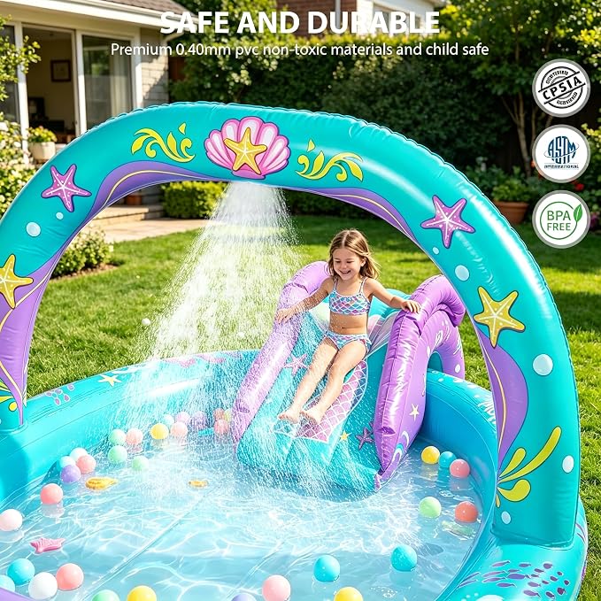SULIFEEL 2026 Inflatable Mermaid Play Center Kiddie Pool with Slide and Sprinkler for Children, Summer Splashing Baby Pool for Backyard and Garden 96"x59"39"