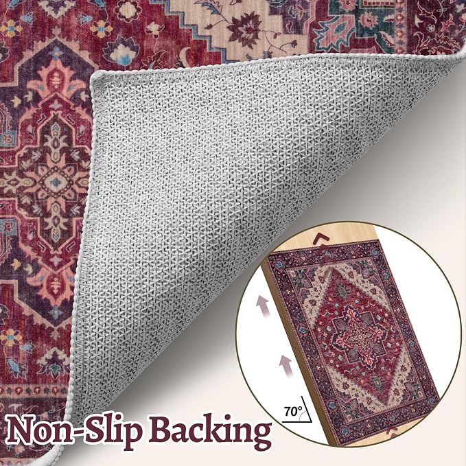 Tangsoo Oriental Small Area Rugs for Entryway, Non Slip 2x3 Washable Rug | Tangsoo Vintage Indoor Front Door Rug Mat, Soft Low Pile Print Small Carpet Throw Rugs for Entry Entrance Kitchen Burgundy