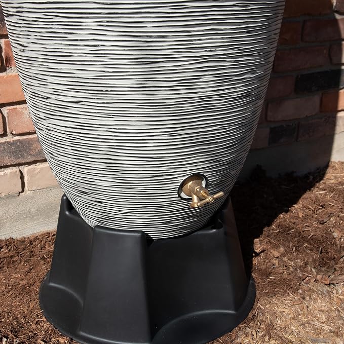Newport 50‑Gallon Flat‑Back Rain Barrel with Stand & Planter Bundle – Slate | Removable Lid, UV-Stabilized Outdoor Water Storage