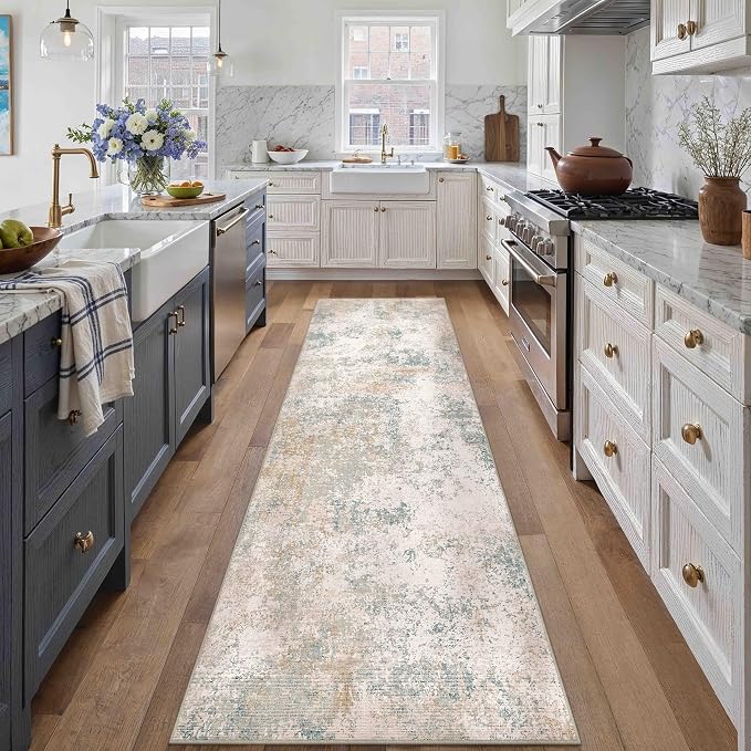 2x8 Beige Blue Modern Abstract Washable Runner Rug for Hallway | Low Pile, Non Slip, Modern Abstract Style, Soft Long Hallway Runner for Kitchen, Entryway, Laundry, Bedroom, Home Decor