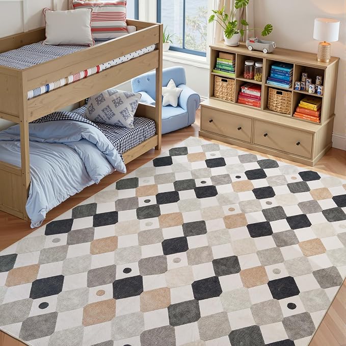 jinchan 8x10 Kids Playroom Rug Washable Diamond Nursery Play Mat Marble | Soft, Non-Slip, Cute, Kid-Friendly, Checkered Geometric, Black White on Cream, Classroom, Living Room, Bedroom, Dorm, Daycare