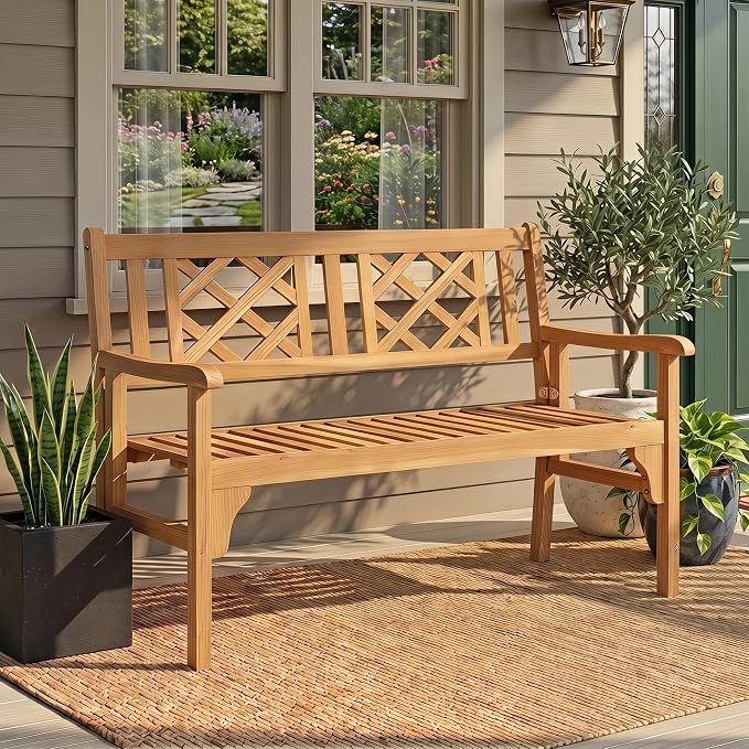 Giantex 4 Ft Foldable Outdoor Bench, Acacia Wood Outside Loveseat with Curved Backrest and Armrest, 705Lbs Weight Capacity, Garden Bench for Patio, Park, Porch, Balcony