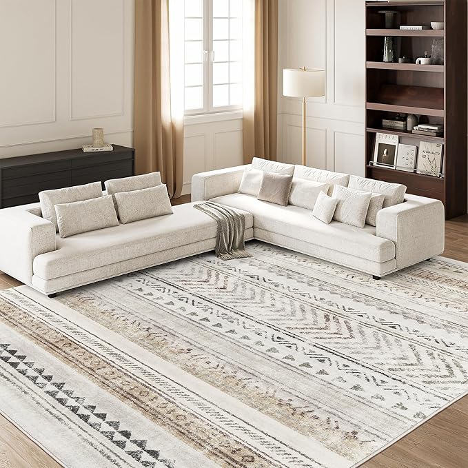 Art&Tuft Washable Rugs 8x10, Area Rugs for Living Room, Brown | Low Pile, Soft & Lighweight, Folable, Stain Resistant Indoor Floor Mat Moroccan Carpet for Bedroom, Dining Room, Home Office