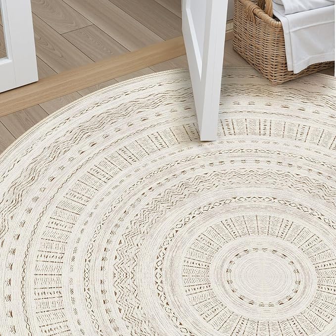 cotiled 5x5 Round Rug 5ft Circle Living Room Boho Area Rugs | Solve Modern Neutral Trendy Home Decor - Washable Foldable Indoor Carpet for Dining Bedroom Entryway Home Office Brown Cream