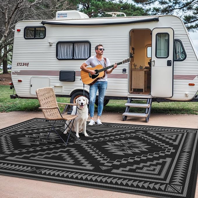 GENIMO Outdoor Rug for Patio Clearance - 8x10 ft Waterproof Plastic Camping Rugs, Reversible Outside Rv Mat Carpet for Porch, Deck, Picnic, Balcony, Beach, Backyard, Black Grey