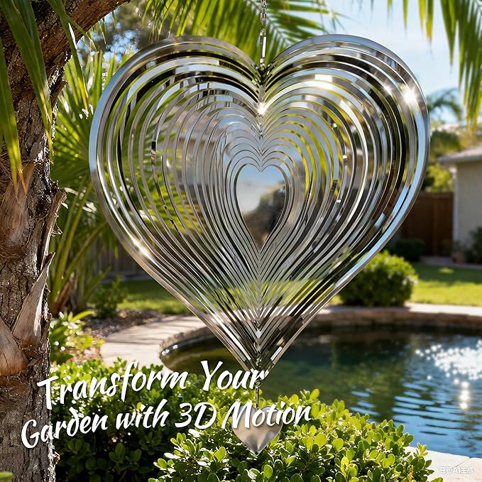 Wind Spinner 12-Inch Outdoor Decoration Gift for Mom | Hanging Yard Art, Garden Decoration for Outdoor and Indoor, Gift for Grandma and Women, 3D Heart, Stainless Steel, 2 Pack