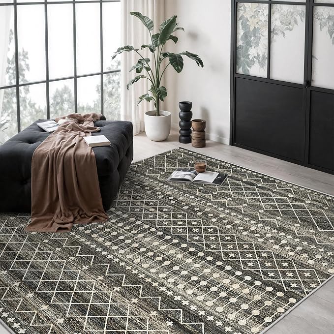 Miukiki 6x9 Area Rug Washable Non Slip Rug for Living Room Black | Soft Low Pile Washable Area Rug Bedroom Dining Room, Stain Resistant Carpet with Easy Care Design 6'x9'