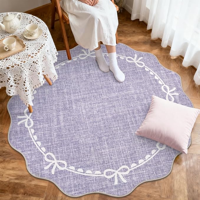 GarveeHome 4ft Round Rugs Washable Scalloped Bow Rug for Bedroom, Purple | Non Slip Soft Low Pile Ultra-Thin Stain Resistant Indoor Carpet for Living Room Nursery Girls Dorm Decor Kids Room Playroom