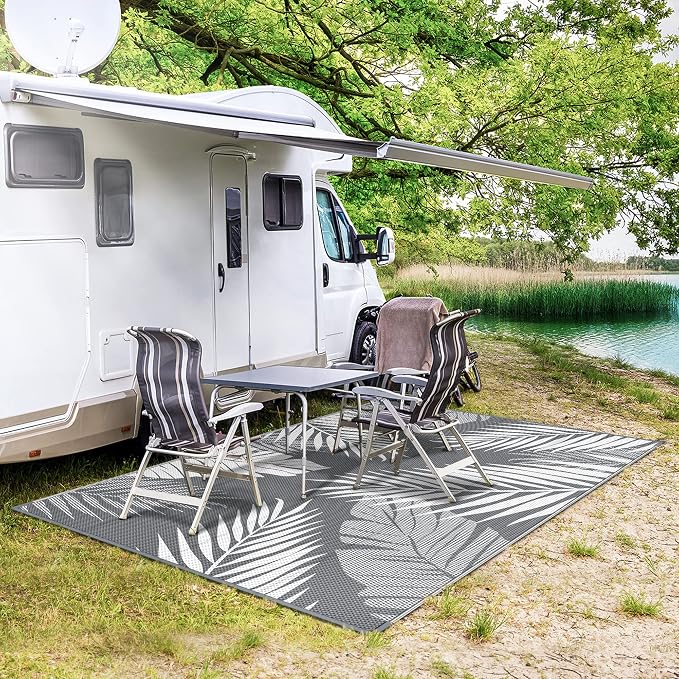 GENIMO Outdoor Rug 4' x 6' Waterproof for Patios Clearance, Reversible Outdoor Plastic Straw Camping Rug Carpet, Large Area Rugs Mats for RV, Camper, Deck, Balcony, Porch, Beach, Picnic, Grey&White