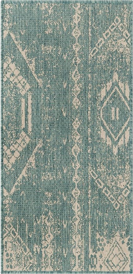Unique Loom Outdoor Bohemian Collection Area Rug - Anthro (2' x 4' Runner Light Aqua/Ivory) (Pack of 2)
