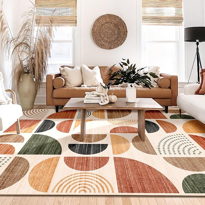 Washable Area Rug 6x9,Boho Rugs Non Slip Modern Abstract Large | Throw Carpet for Living Room Bedroom Dining Room Soft Low Pile Floor Indoor Bohemian Terracotta