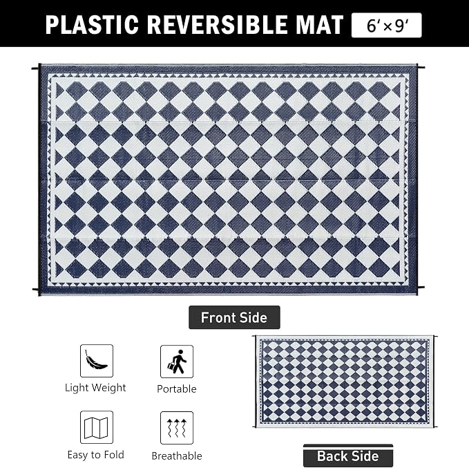 HUGEAR Outdoor Waterproof Rug 6'x9' Plastic Straw Rugs Washable Reversible Floor Mat Blue Plaid Carpet for Camping RV Deck Entryance Porch Picnic Balcony Beach Backyard
