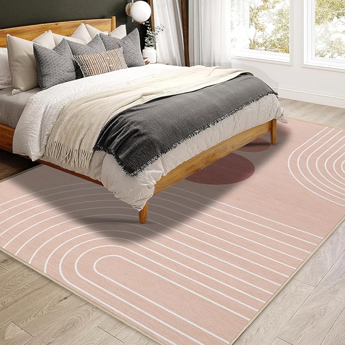 Boho Rug 4x6 Modern Geometric Minimalist Abstract Area Rug for Living Room Pink Mid Century Modern Contemporary Machine Washable Non-Slip Printed Low-Pile Carpet Dining Room Bedroom Office Pink