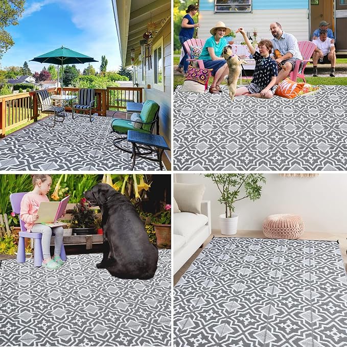 Alfolo Outdoor Rug for Deck 8x10 Waterproof,Outdoor Plastic Straw Camping Rug Reversible Mat for for Patio,Porch, Balcony Rv Camping Mat Outside Mat Indoor Outdoor Area Rug (Grey&White, 8'x10')